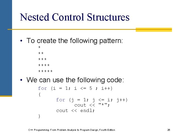 Nested Control Structures • To create the following pattern: * ** ***** • We