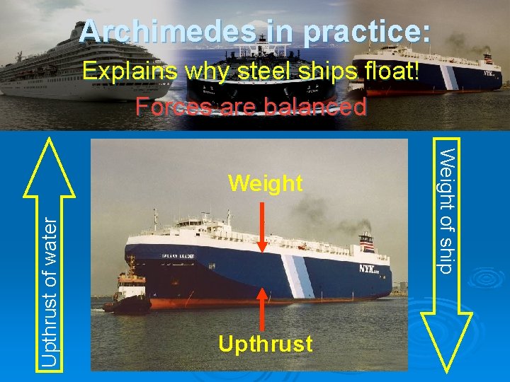 Archimedes in practice: Explains why steel ships float! Forces are balanced Upthrust of water