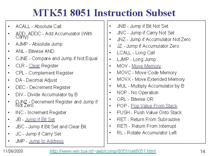 MTK 51 8051 Instruction Subset • ACALL - Absolute Call • ADD, ADDC -