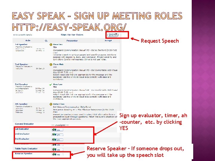 Request Speech Sign up evaluator, timer, ah -counter, etc. by clicking YES Reserve Speaker
