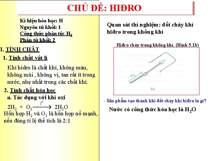 CHỦ ĐỀ: HIĐRO Kí hiệu hóa học: H Nguyên tử khối: 1 Công thức