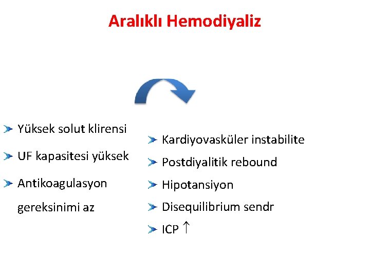 Aralıklı Hemodiyaliz Yüksek solut klirensi Kardiyovasküler instabilite UF kapasitesi yüksek Postdiyalitik rebound Antikoagulasyon Hipotansiyon