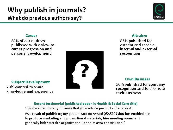 Why publish in journals? What do previous authors say? Career 80% of our authors