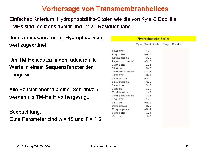 Vorhersage von Transmembranhelices Einfaches Kriterium: Hydrophobizitäts-Skalen wie die von Kyte & Doolittle TMHs sind