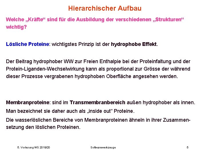 Hierarchischer Aufbau Welche „Kräfte“ sind für die Ausbildung der verschiedenen „Strukturen“ wichtig? Lösliche Proteine: