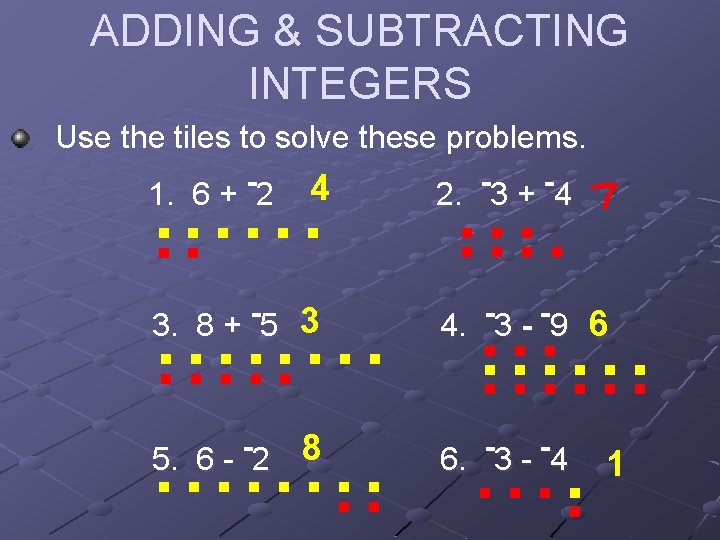 ADDING & SUBTRACTING INTEGERS Use the tiles to solve these problems. . . .