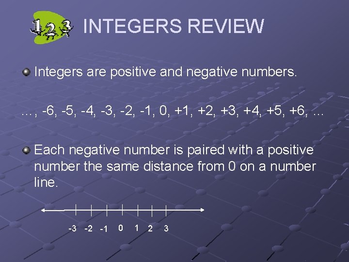 INTEGERS REVIEW Integers are positive and negative numbers. …, -6, -5, -4, -3, -2,