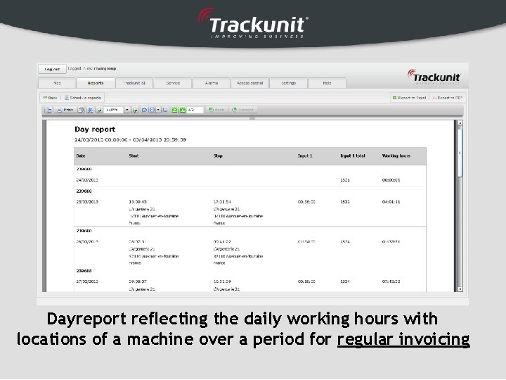 Dayreport reflecting the daily working hours with locations of a machine over a period