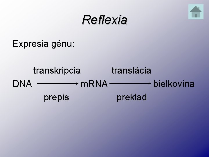 Reflexia Expresia génu: transkripcia translácia DNA m. RNA bielkovina prepis preklad 