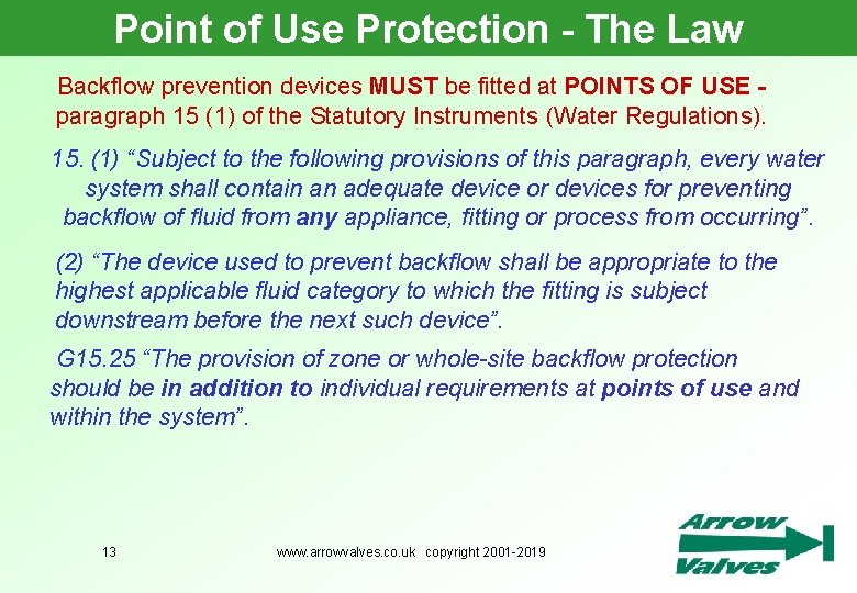 Point of Use Protection - The Law Backflow prevention devices MUST be fitted at