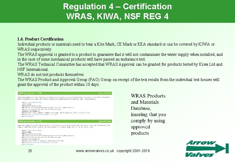 Regulation 4 – Certification WRAS, KIWA, NSF REG 4 1. 6. Product Certification Individual