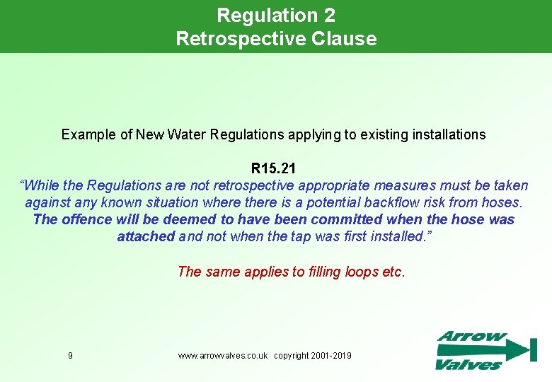 Regulation 2 Retrospective Clause Example of New Water Regulations applying to existing installations R