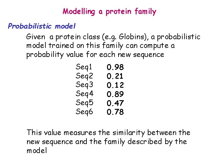 Modelling a protein family Probabilistic model Given a protein class (e. g. Globins), a
