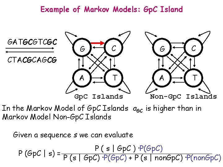 Example of Markov Models: Gp. C Island GATGCGTCGC G C A T CTACGCAGCG Gp.