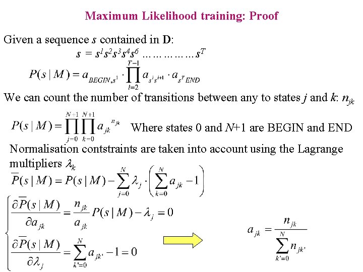 Maximum Likelihood training: Proof Given a sequence s contained in D: s = s