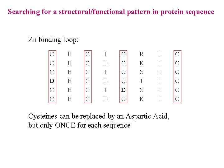 Searching for a structural/functional pattern in protein sequence Zn binding loop: C C C