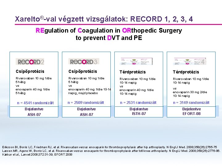 Xarelto®-val végzett vizsgálatok: RECORD 1, 2, 3, 4 REgulation of Coagulation in ORthopedic Surgery Xarelto®-val végzett vizsgálatok: RECORD 1, 2, 3, 4 REgulation of Coagulation in ORthopedic Surgery