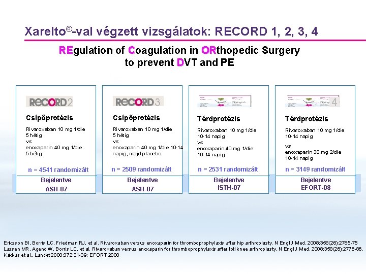 Xarelto®-val végzett vizsgálatok: RECORD 1, 2, 3, 4 REgulation of Coagulation in ORthopedic Surgery