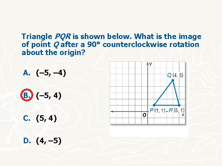 Triangle PQR is shown below. What is the image of point Q after a