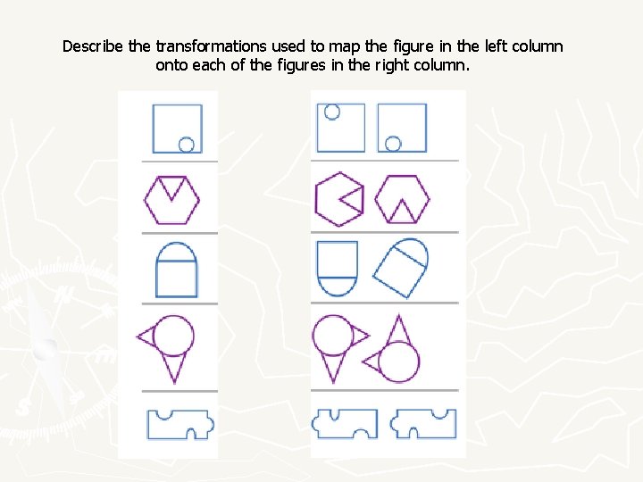 Describe the transformations used to map the figure in the left column onto each