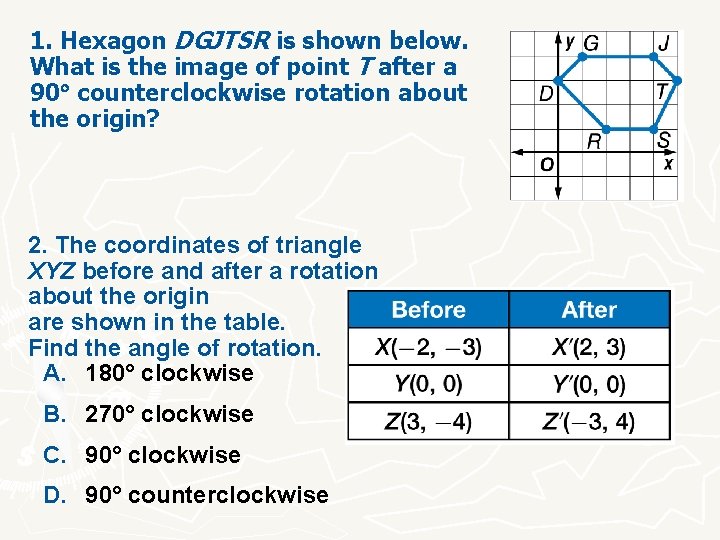 1. Hexagon DGJTSR is shown below. What is the image of point T after