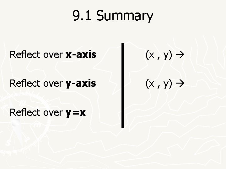 9. 1 Summary Reflect over x-axis (x , y) Reflect over y=x 