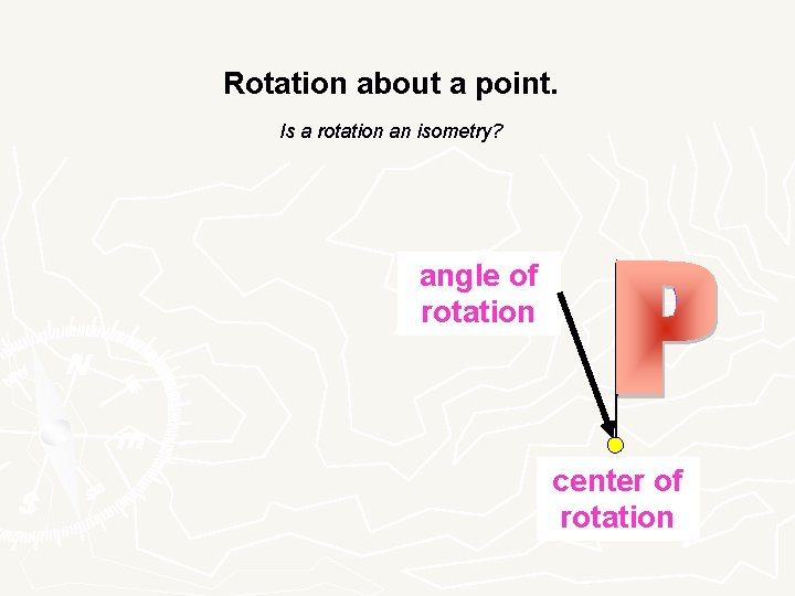 Rotation about a point. Is a rotation an isometry? angle of rotation image preimage