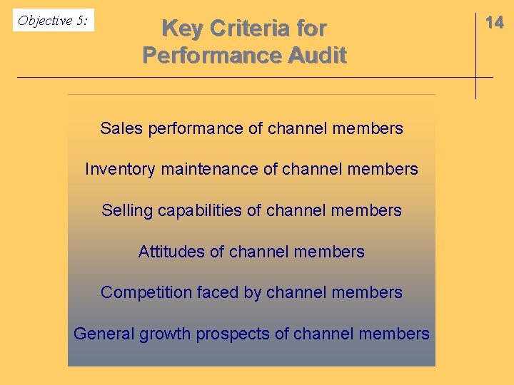 Objective 5: Key Criteria for Performance Audit Sales performance of channel members Inventory maintenance