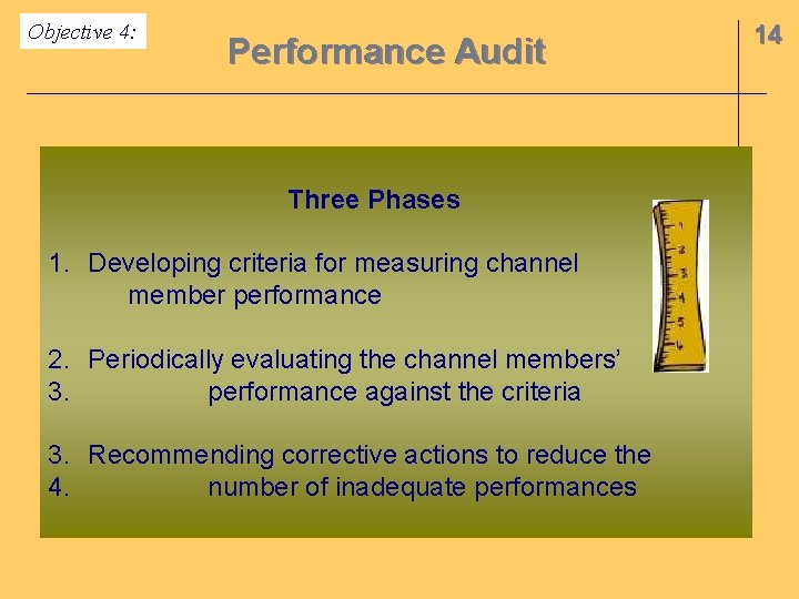 Objective 4: Performance Audit Three Phases 1. Developing criteria for measuring channel member performance