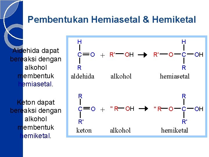 Pembentukan Hemiasetal & Hemiketal H Aldehida dapat bereaksi dengan alkohol membentuk hemiasetal. Keton dapat