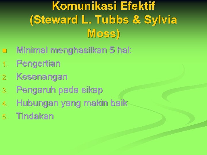 Komunikasi Efektif (Steward L. Tubbs & Sylvia Moss) n 1. 2. 3. 4. 5.