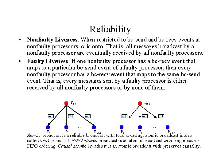 Reliability • Nonfaulty Liveness: When restricted to bc-send and bc-recv events at nonfaulty processors, Reliability • Nonfaulty Liveness: When restricted to bc-send and bc-recv events at nonfaulty processors,