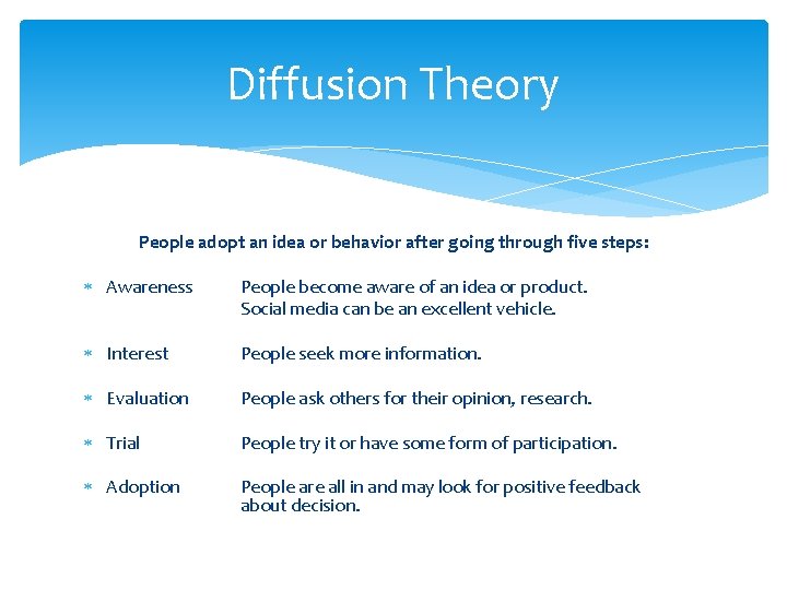 Diffusion Theory People adopt an idea or behavior after going through five steps: Awareness