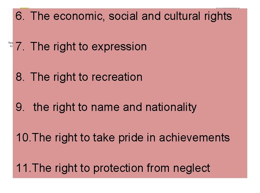 6. The economic, social and cultural rights 7. The right to expression 8. The