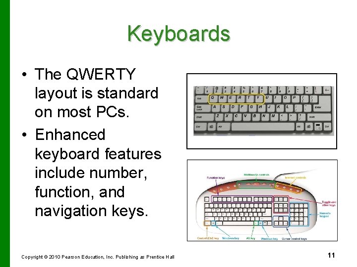 Keyboards • The QWERTY layout is standard on most PCs. • Enhanced keyboard features