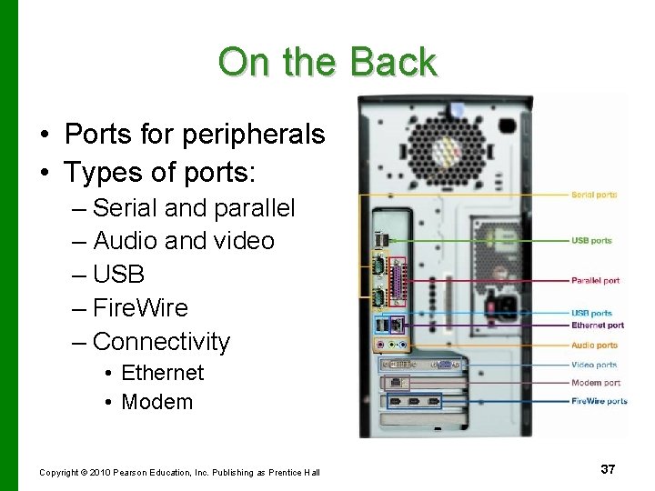 On the Back • Ports for peripherals • Types of ports: – Serial and