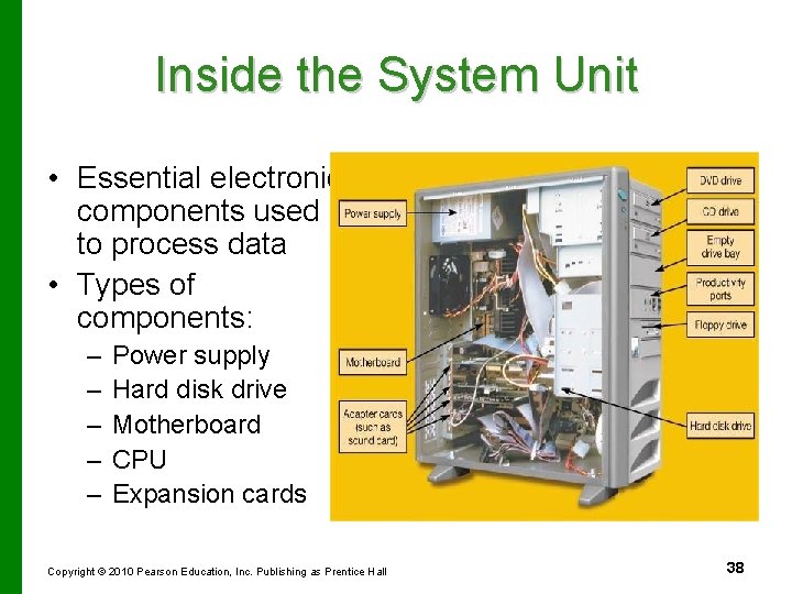 Inside the System Unit • Essential electronic components used to process data • Types