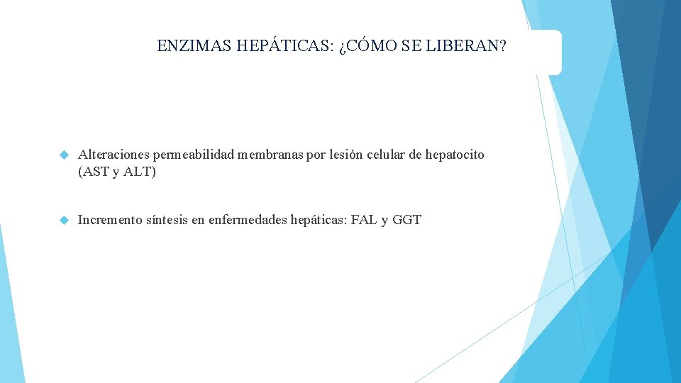 ENZIMAS HEPÁTICAS: ¿CÓMO SE LIBERAN? Alteraciones permeabilidad membranas por lesión celular de hepatocito (AST