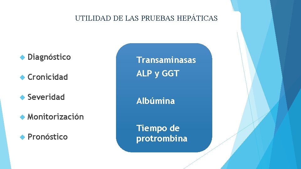 UTILIDAD DE LAS PRUEBAS HEPÁTICAS Diagnóstico Transaminasas Cronicidad ALP y GGT Severidad Albúmina Monitorización