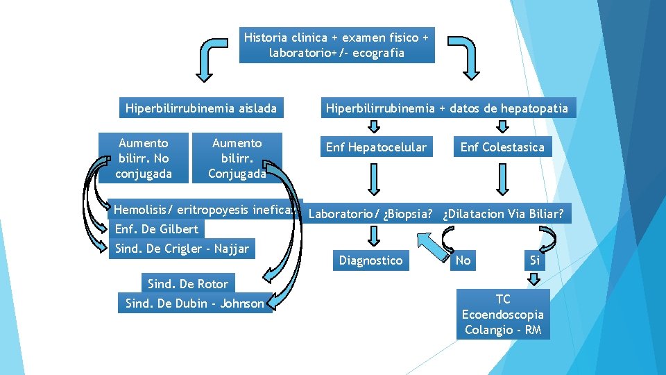 Historia clinica + examen fisico + laboratorio+/- ecografia Hiperbilirrubinemia aislada Aumento bilirr. No conjugada