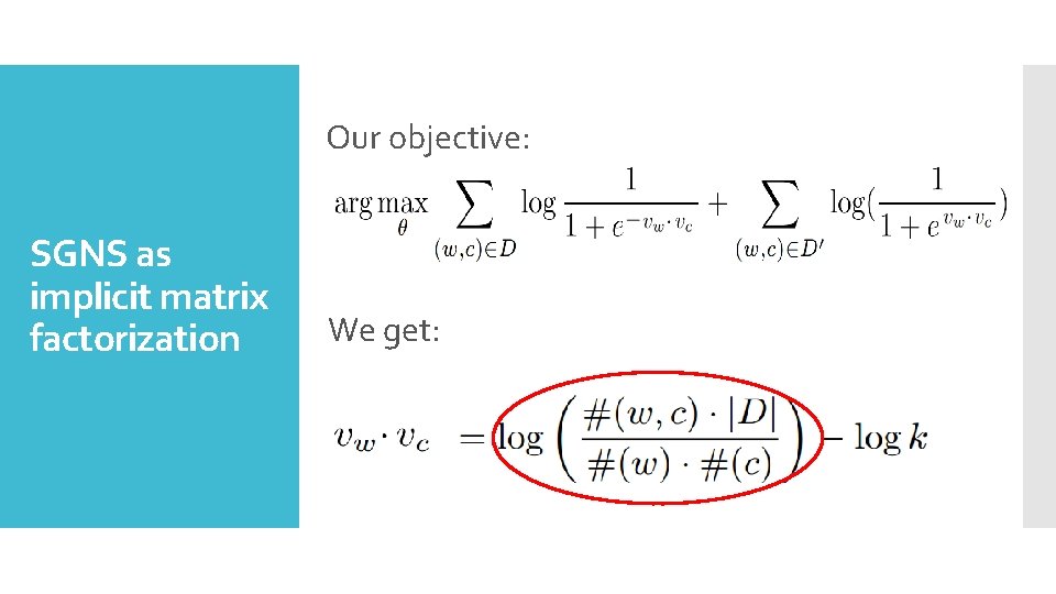 Our objective: SGNS as implicit matrix factorization We get: 