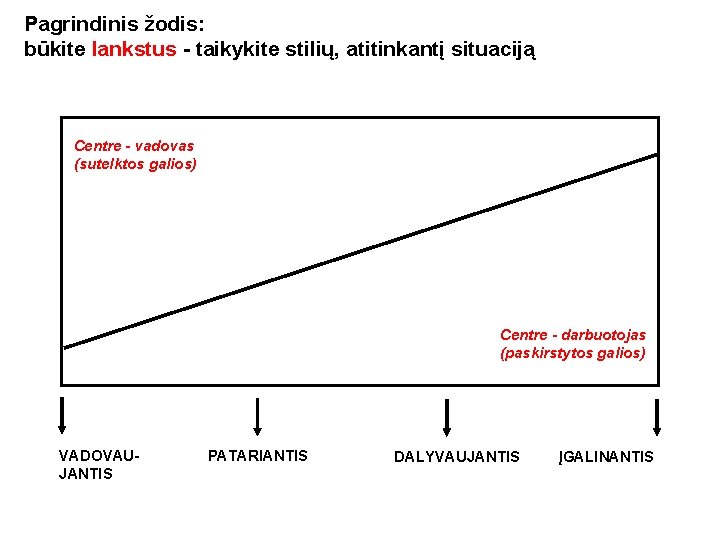 Pagrindinis žodis: būkite lankstus - taikykite stilių, atitinkantį situaciją Centre - vadovas (sutelktos galios)
