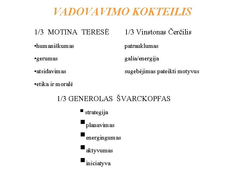 VADOVAVIMO KOKTEILIS 1/3 MOTINA TERESĖ 1/3 Vinstonas Čerčilis • humaniškumas patrauklumas • gerumas galia/energija