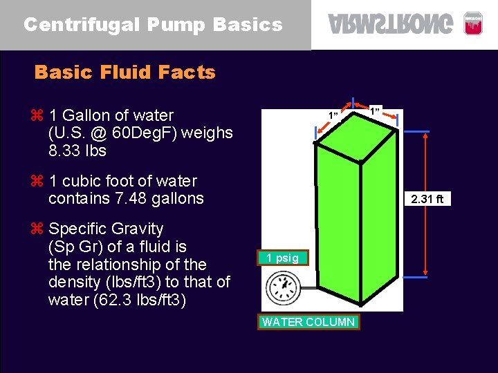 Centrifugal Pump Basics Basic Fluid Facts z 1 Gallon of water (U. S. @