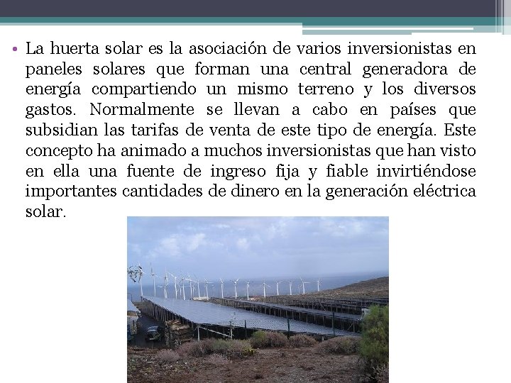  • La huerta solar es la asociación de varios inversionistas en paneles solares