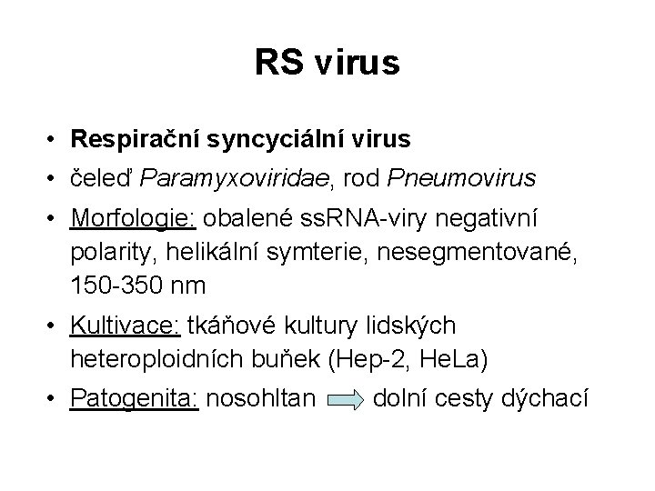 RS virus • Respirační syncyciální virus • čeleď Paramyxoviridae, rod Pneumovirus • Morfologie: obalené