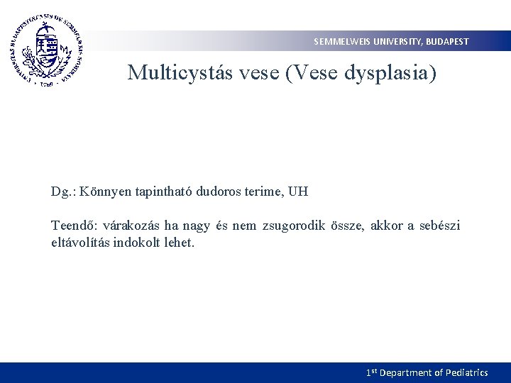 SEMMELWEIS UNIVERSITY, BUDAPEST Multicystás vese (Vese dysplasia) Dg. : Könnyen tapintható dudoros terime, UH