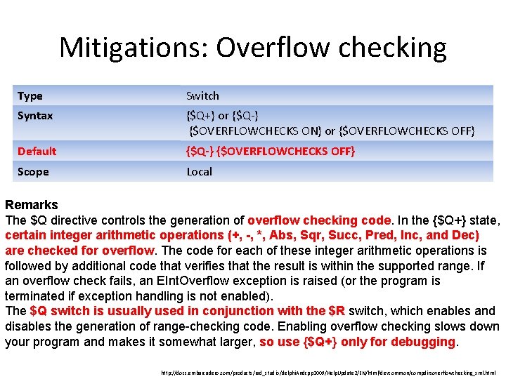 Mitigations: Overflow checking Type Switch Syntax {$Q+} or {$Q-} {$OVERFLOWCHECKS ON} or {$OVERFLOWCHECKS OFF}
