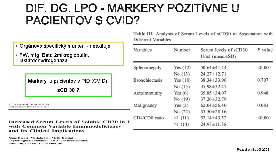 § Orgánovo špecifický marker - neexituje § FW, m. Ig, Beta 2 mikroglobulín, laktátdehydrogenáza