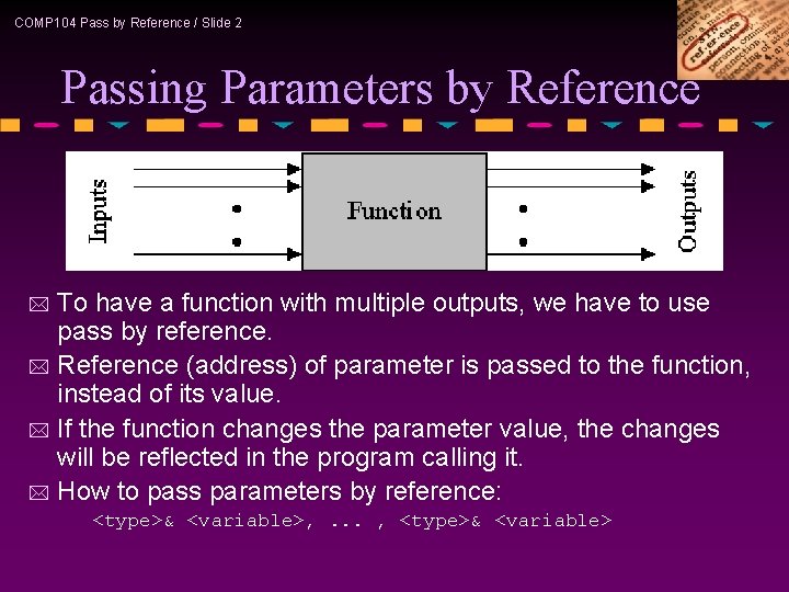 COMP 104 Pass by Reference / Slide 2 Passing Parameters by Reference To have